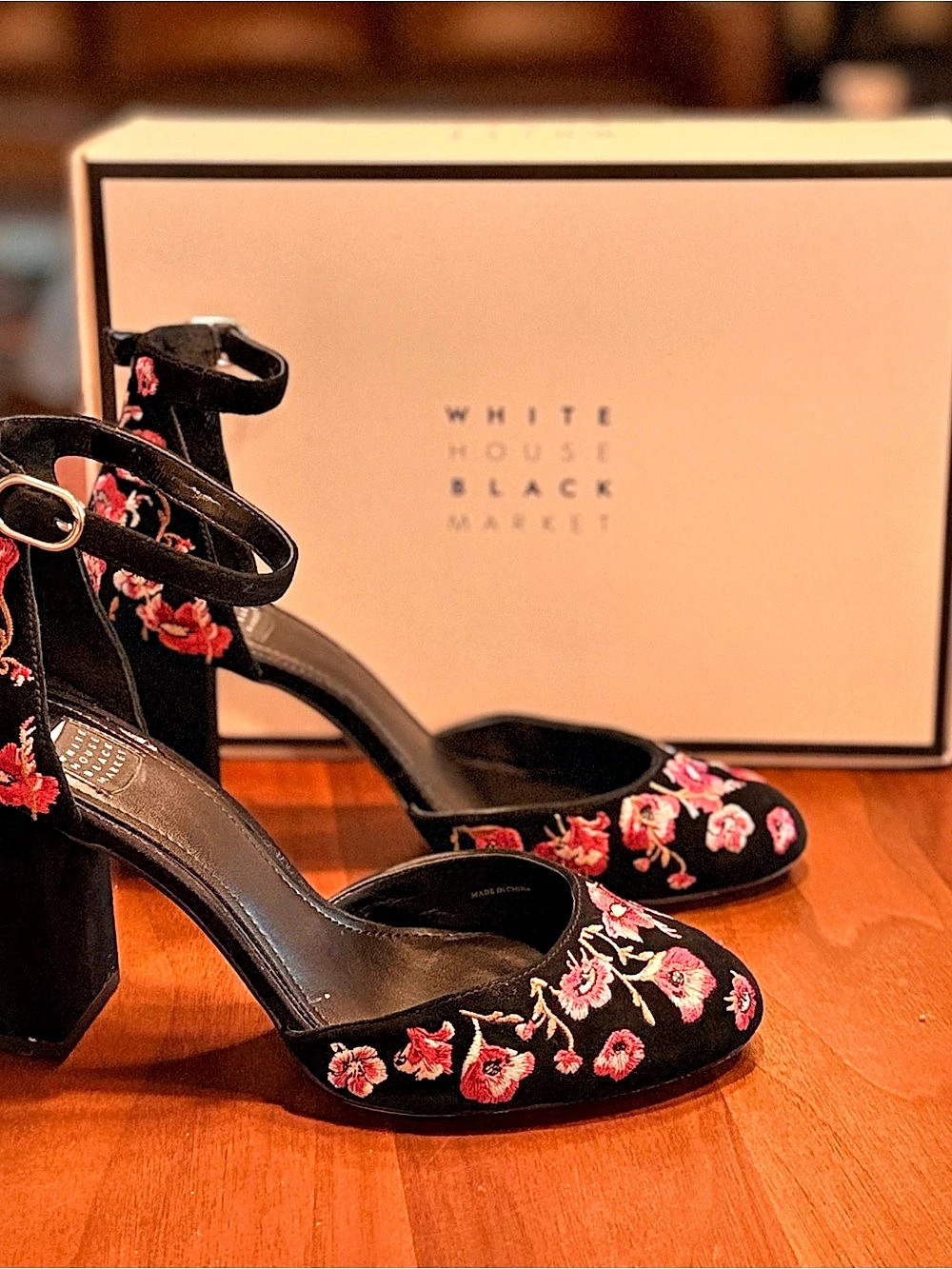 White House Black Market Piper Floral Embroidered Heels Black & Pink